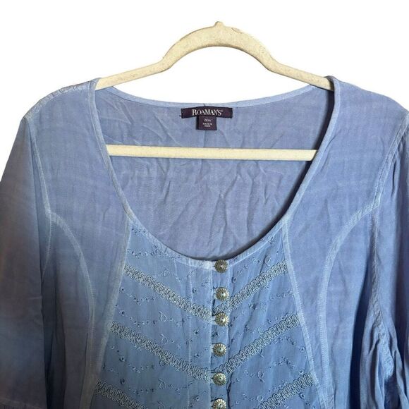 Roamans Top Womens 26W Blue Eyelet Mixed Media Boho Flutter Button Detail Blouse - Picture 2 of 9